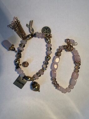 Chico's Blush Pink Beaded Bracelet Duo with Gold Accents